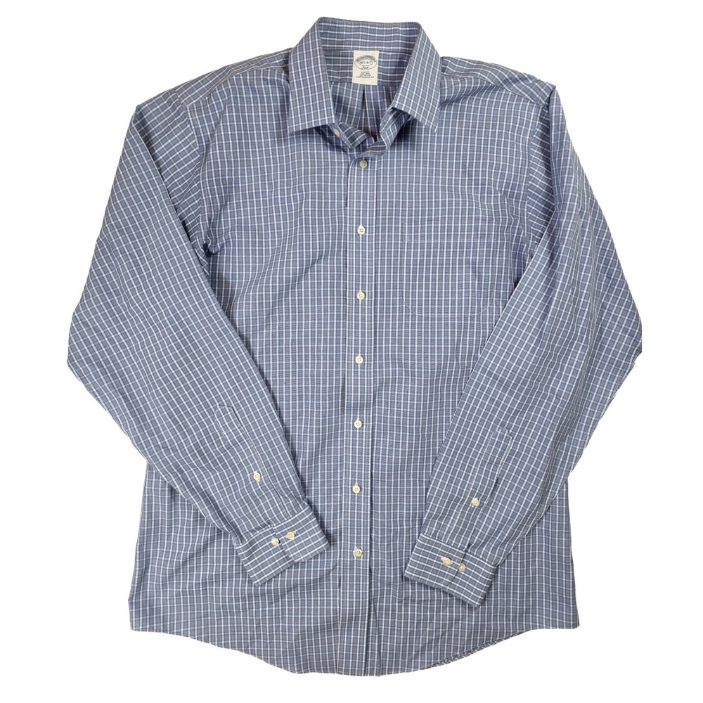 Brooks Brothers 346 Blue Slim Fit Plaid Non-Iron Men's Size 16.5 -6/7
